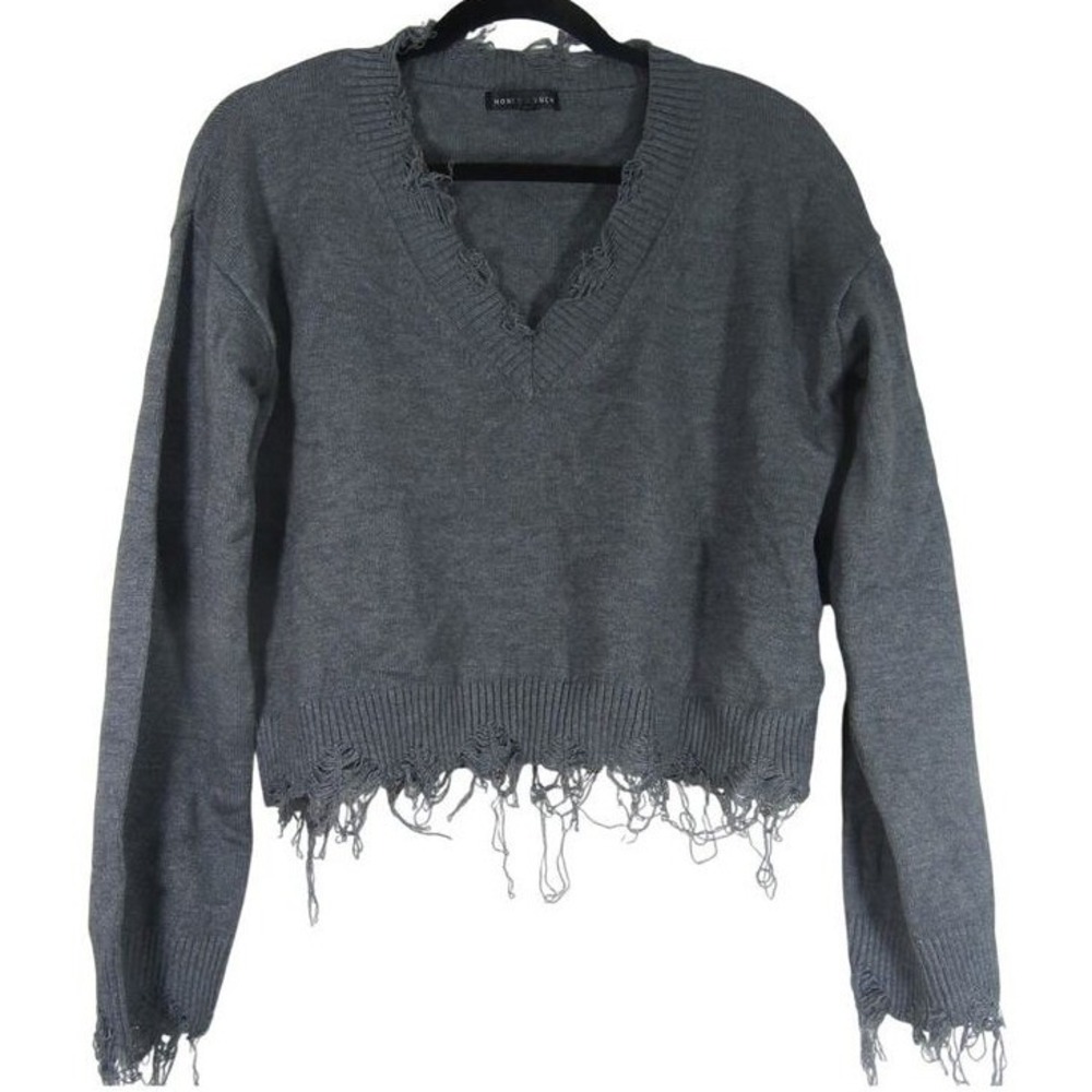 Honey Punch Sweater Womens Medium‎ Distressed V Neck Coastal Nautical Neutral